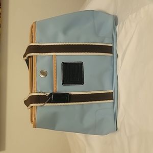 COACH VINTAGE NYLON TOTE SHOULDER/HANDBAG BABYBLUE LEATHER TRIM FLAW PRE-OWNED